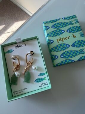 Piper K fish Green Aventurine gold hoop Drop Earrings